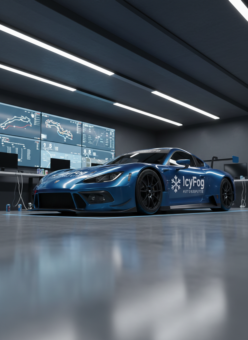 A sleek, meticulously detailed virtual GT race car painted in deep metallic ice-blue with crisp white “IcyFog Motorsports” branding along the side panels, parked in a spotless, modern esports garage. Multiple high-resolution racing monitors line the rear wall, showing live iRacing telemetry, lap times, and track maps in cool blue and white tones. Overhead LED strip lights cast clean, even illumination, creating sharp reflections across the car’s aerodynamic bodywork and carbon-fiber splitter. Captured in photographic realism from a slightly low, three-quarter front angle with a subtle wide lens, the composition feels professional and corporate, with a shallow depth of field that gently blurs the distant rigs and cables, emphasizing the team’s flagship car and polished identity.