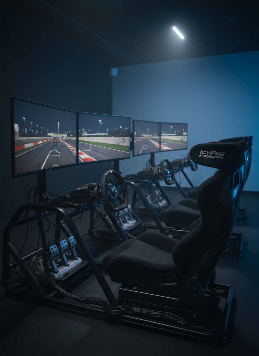 A bank of high-end sim racing rigs arranged in a precise row inside a dim, purpose-built esports studio. Each rig features a sturdy black tubular frame, a reclining racing seat with IcyFog Motorsports logos stitched on the headrest, direct-drive wheelbases with illuminated buttons, triple curved monitors displaying an iRacing grid at night, and tidy cable management. Cool, diffused blue accent lighting washes the back wall, while soft overhead light highlights the brushed metal pedals and wheel rims. Shot in photographic realism at eye level with a slightly diagonal composition, the perspective leads the viewer’s eye down the line of identical setups. The mood is focused and high-tech, emphasizing professionalism, preparation, and team infrastructure rather than spectacle.