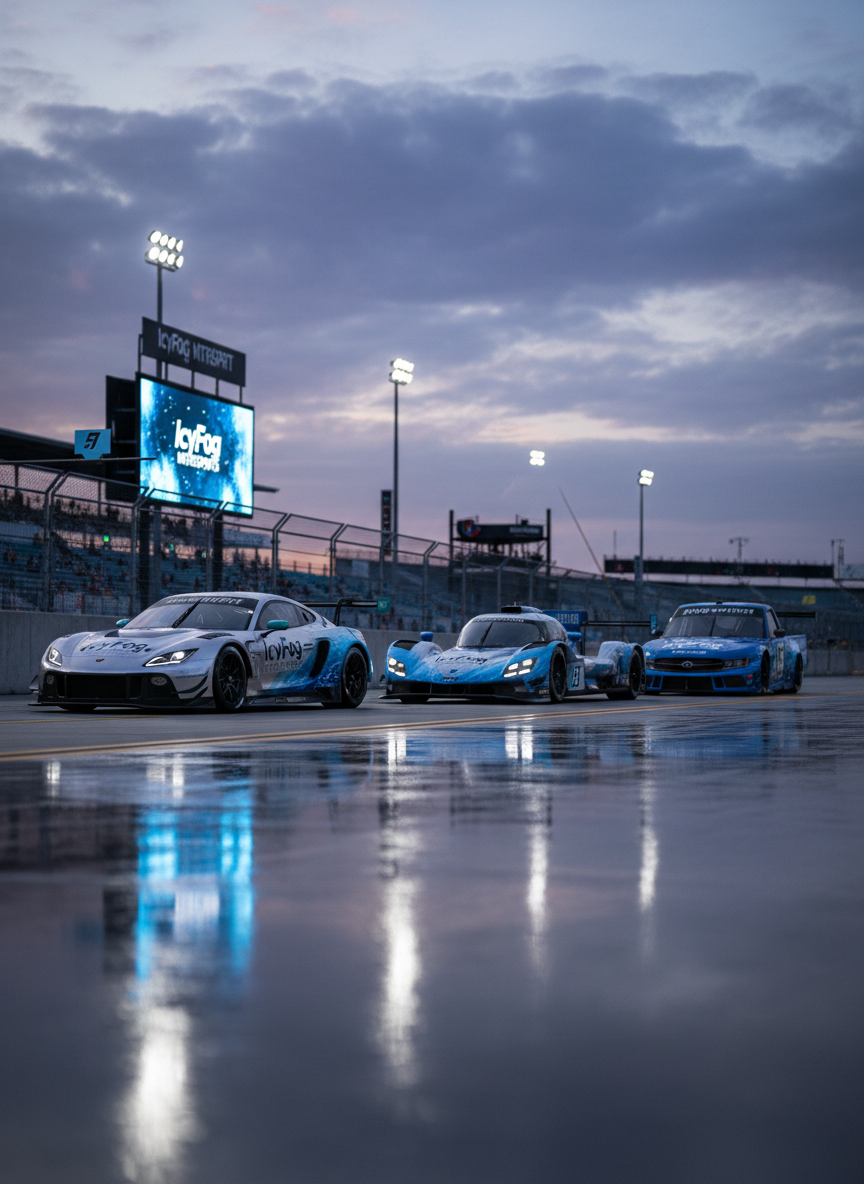 A collection of custom-painted virtual race cars representing different leagues—GT3, LMP2, NASCAR trucks—parked in a staggered formation on a digital pit lane at dusk. Each car carries a consistent IcyFog Motorsports livery: icy gradients from silver to blue, subtle frost-like patterns along the sides, and sharp professional sponsor placements. The racetrack environment stretches into the distance with pit wall structures, LED pit boards, and an overcast sky fading into cool twilight. Track floodlights cast crisp white light, creating long, dramatic reflections across the asphalt and bodywork. Captured in photographic realism from a low, wide-angle front view, the composition emphasizes variety and depth, highlighting the breadth of leagues represented in a calm yet competitive atmosphere.