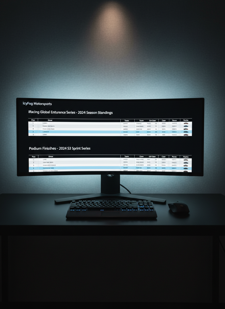 A minimalist results dashboard displayed on a large ultra-wide curved monitor sitting on a clean, matte-black desk surface. The screen shows a polished IcyFog Motorsports-themed interface: crisp white typography, structured tables of iRacing series results, tiny car-class icons, and sparing use of ice-blue accent bars to indicate podium finishes. A sleek mechanical keyboard with subtle white backlighting and a low-profile mouse sit symmetrically in front. Soft, indirect LED lighting from behind the monitor creates a halo on the wall, while a single overhead spotlight produces gentle reflections on the desk. Photographic realism at a slightly elevated angle with a shallow depth of field keeps focus on the data, suggesting clarity, precision, and a hyper-organized approach to performance tracking.