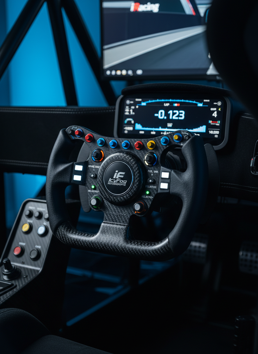 A close-up of a virtual steering wheel inside a high-end GT cockpit in iRacing, branded with a subtle IcyFog Motorsports emblem at the center. The wheel features carbon fiber textures, textured rubber grips, and a regimented layout of colored rotary switches and backlit buttons labeled for brake bias, fuel mix, and relative overlays. Behind it, crisp digital dash readouts show lap time delta, gear, and RPM in cool blue and white. The cockpit surroundings—roll cage bars, Alcantara dash, and door panel—fall gently out of focus. Shot in photographic realism with dramatic side lighting from an unseen monitor glow, the scene feels technical and analytical, ideal for illustrating driver tools and the precision required to compete at the highest level of sim racing.
