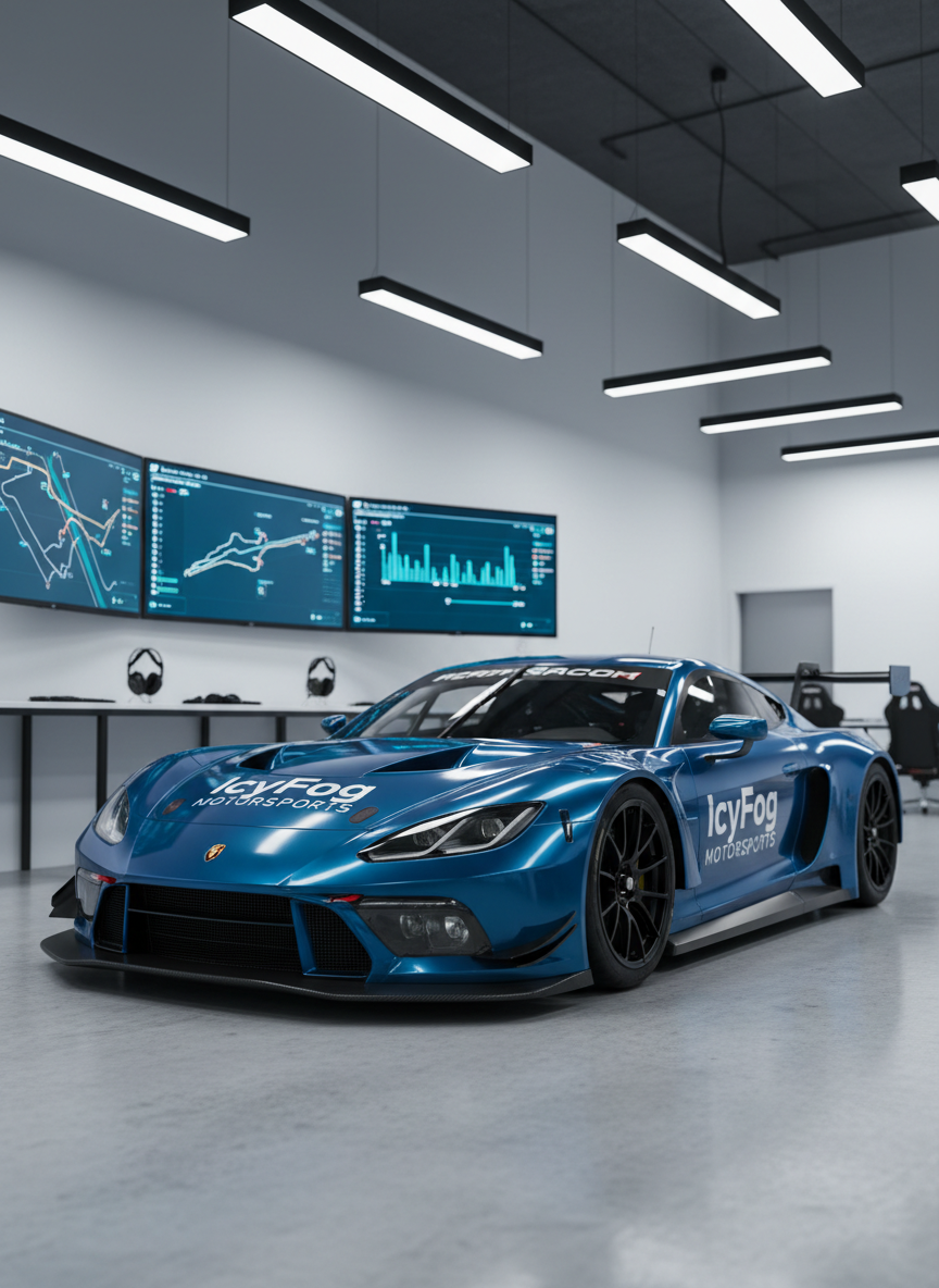 A sleek, meticulously detailed virtual GT race car painted in deep metallic ice-blue with crisp white “IcyFog Motorsports” branding along the side panels, parked in a spotless, modern esports garage. Multiple high-resolution racing monitors line the rear wall, showing live iRacing telemetry, lap times, and track maps in cool blue and white tones. Overhead LED strip lights cast clean, even illumination, creating sharp reflections across the car’s aerodynamic bodywork and carbon-fiber splitter. Captured in photographic realism from a slightly low, three-quarter front angle with a subtle wide lens, the composition feels professional and corporate, with a shallow depth of field that gently blurs the distant rigs and cables, emphasizing the team’s flagship car and polished identity.