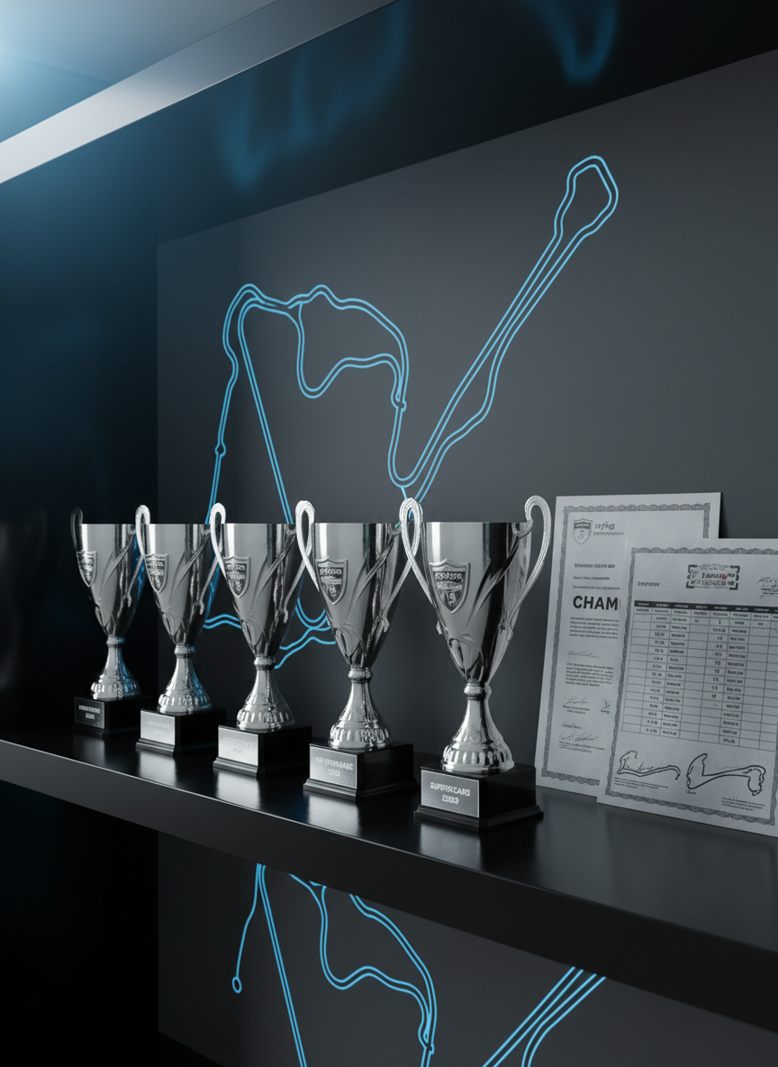 A stylized league overview scene showing multiple virtual trophies lined up on a reflective black shelf, each etched with different iRacing series names and seasons, all bearing a unified IcyFog Motorsports crest. Beside them, neatly stacked digital certificates and laminated race schedules rest against a matte charcoal wall that features a subtle schematic outline of a racetrack. Soft, cool-toned studio lighting creates controlled highlights on the polished metal trophies and gentle shadows beneath them. Captured in photographic realism at a slightly elevated, three-quarter angle, the composition uses the rule of thirds to balance trophies and documents. The mood is authoritative and established, visually communicating the team’s long-term presence and success across multiple competitive leagues.